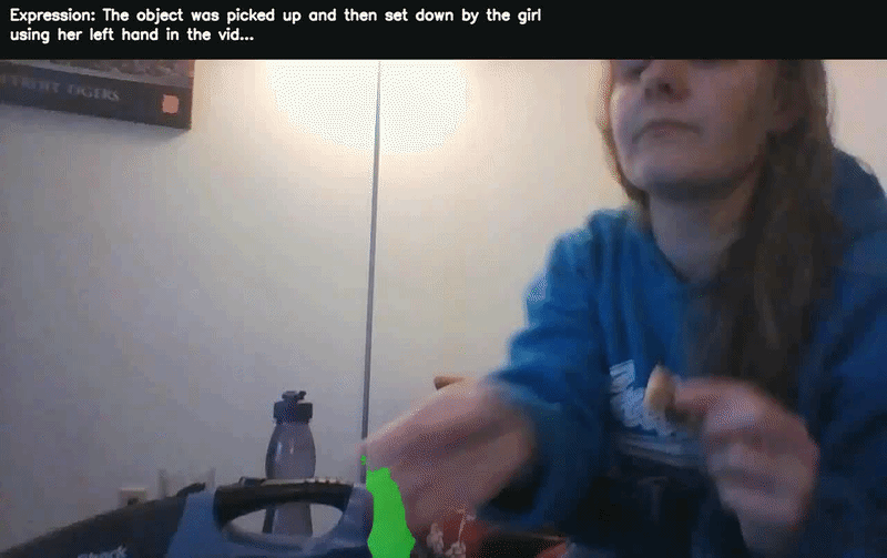 ATLAS segments the cup that a girl picks up and puts down in an indoor video.